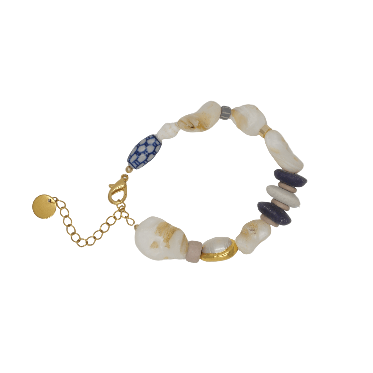 Beaded bracelet with gold chain on a white background
