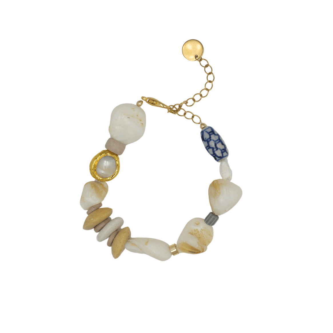 Bracelet with natural stone beads and gold chain on a white background