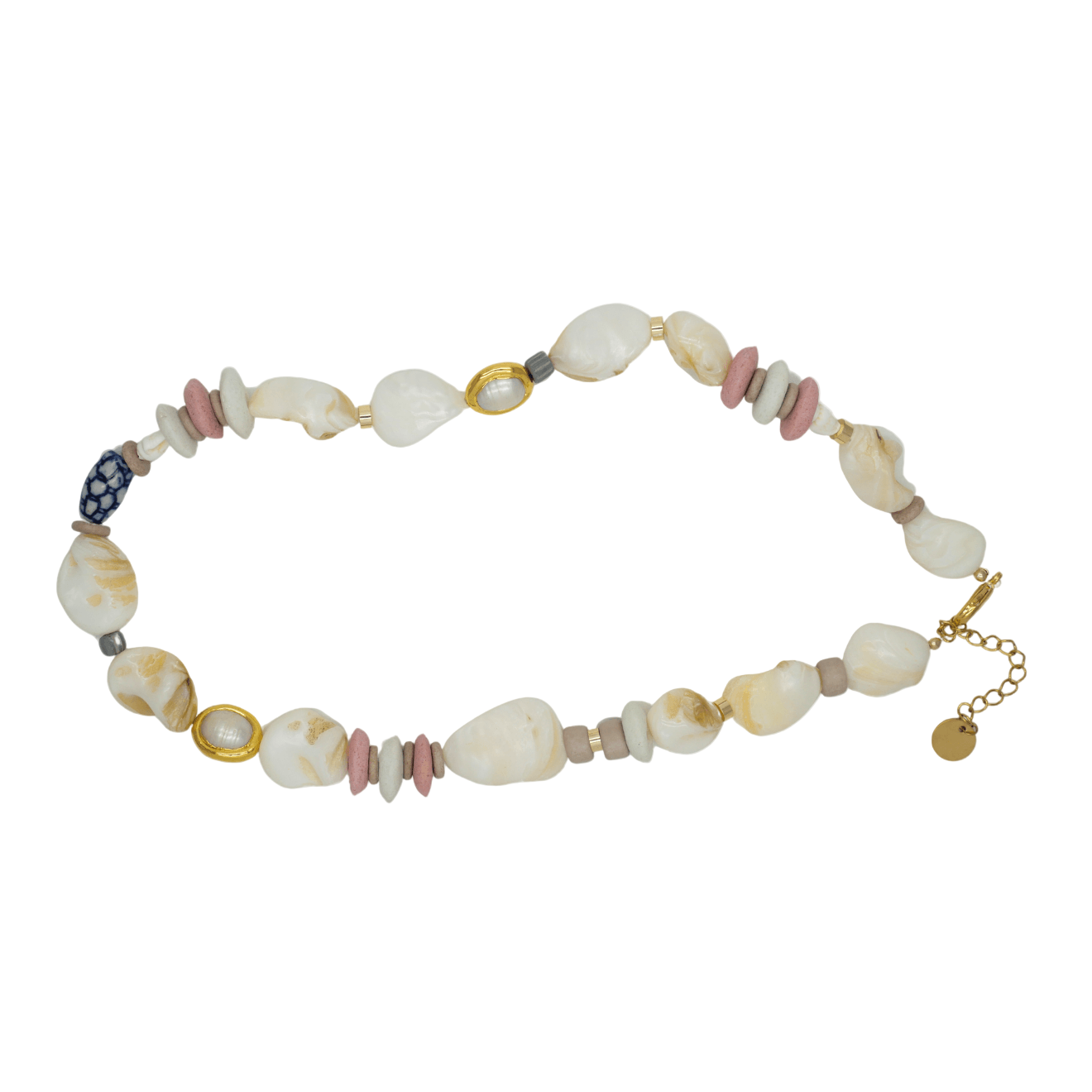 Necklace with multicolored beads on a white background