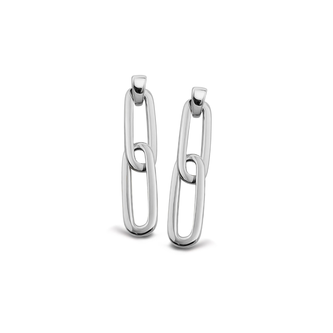 Pair of silver hoop earrings on a white background