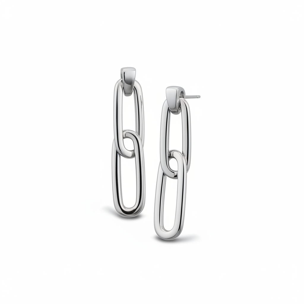 Pair of silver hoop earrings on a white background