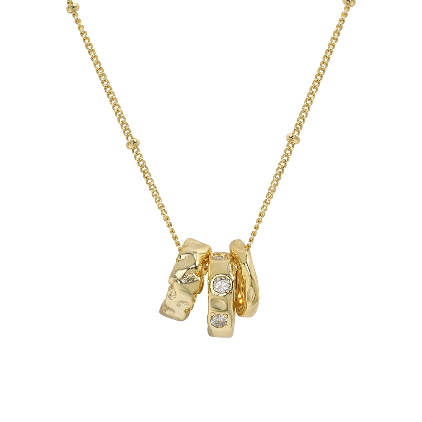 Gold necklace with three interlocking rings on a white background