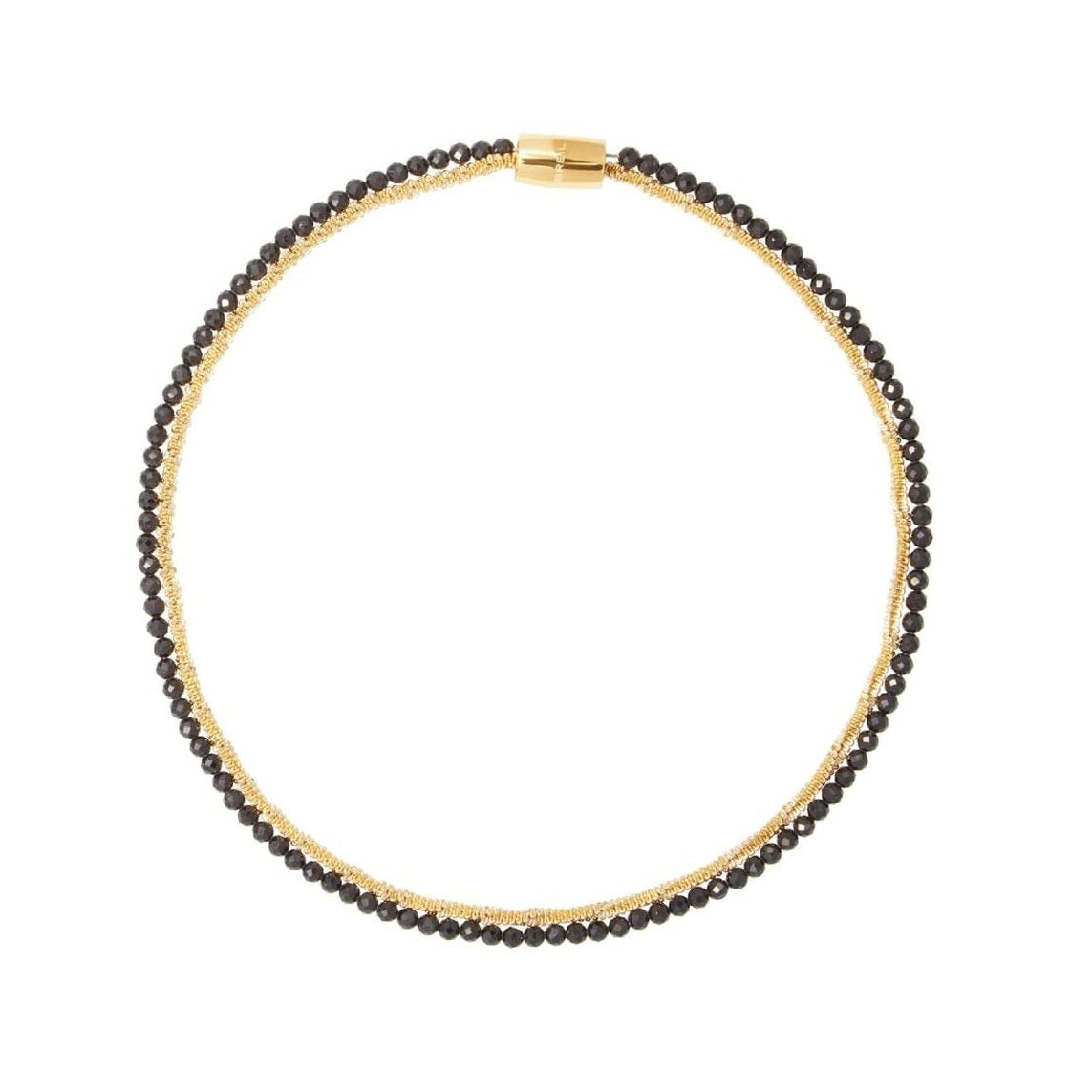Necklace with black beads and gold clasp on a white background