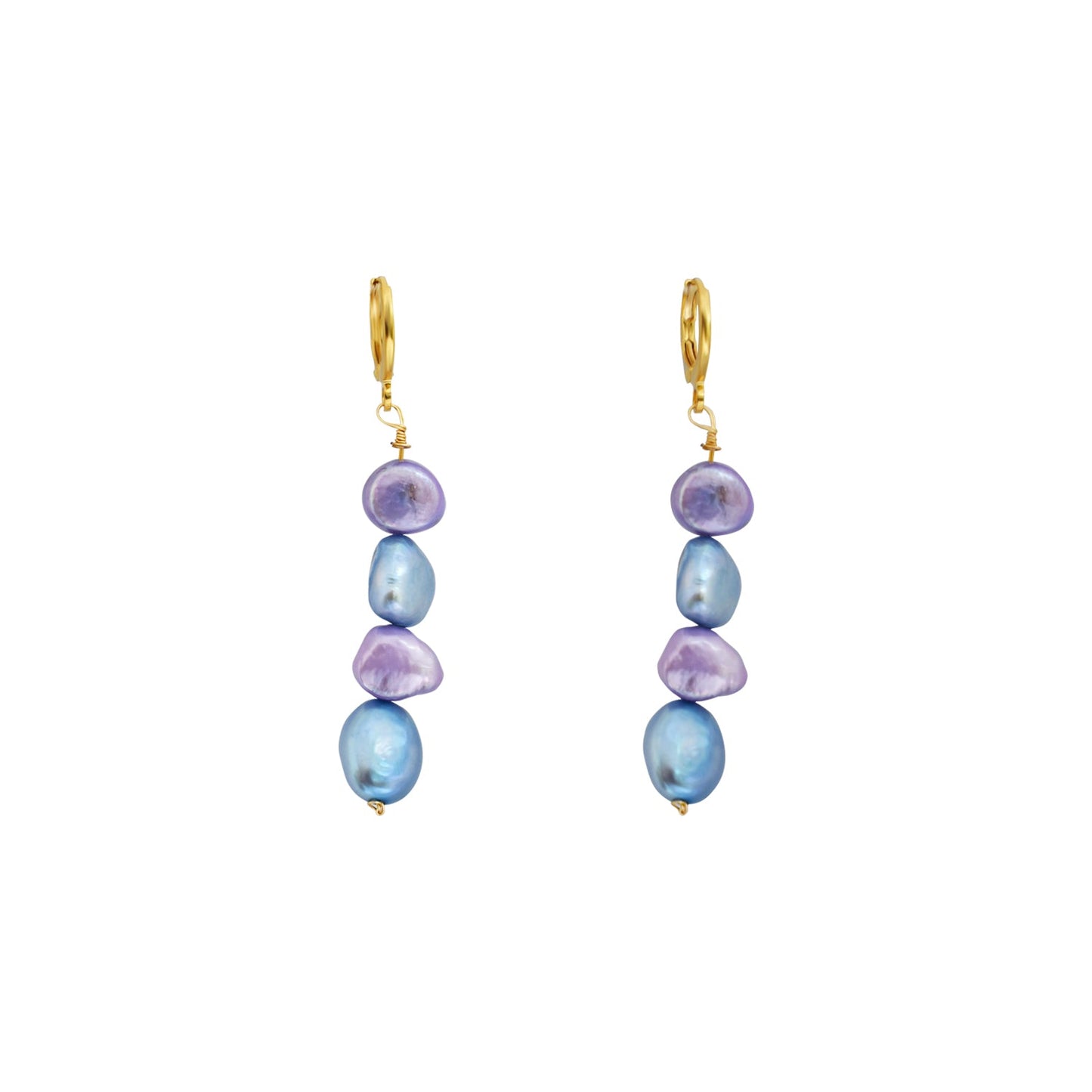 Pair of earrings with blue and purple beads on a white background