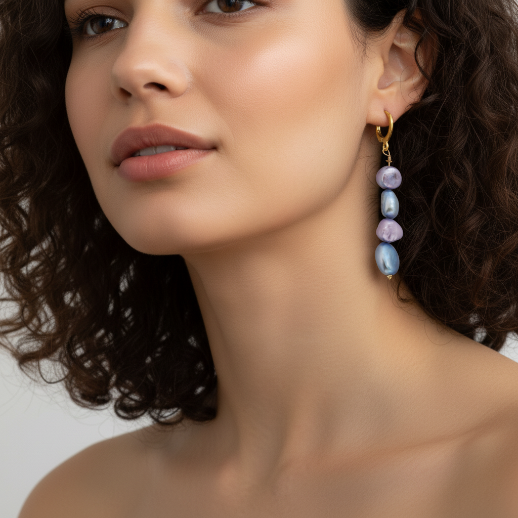 Close-up of a woman wearing colorful beaded earrings with a neutral background