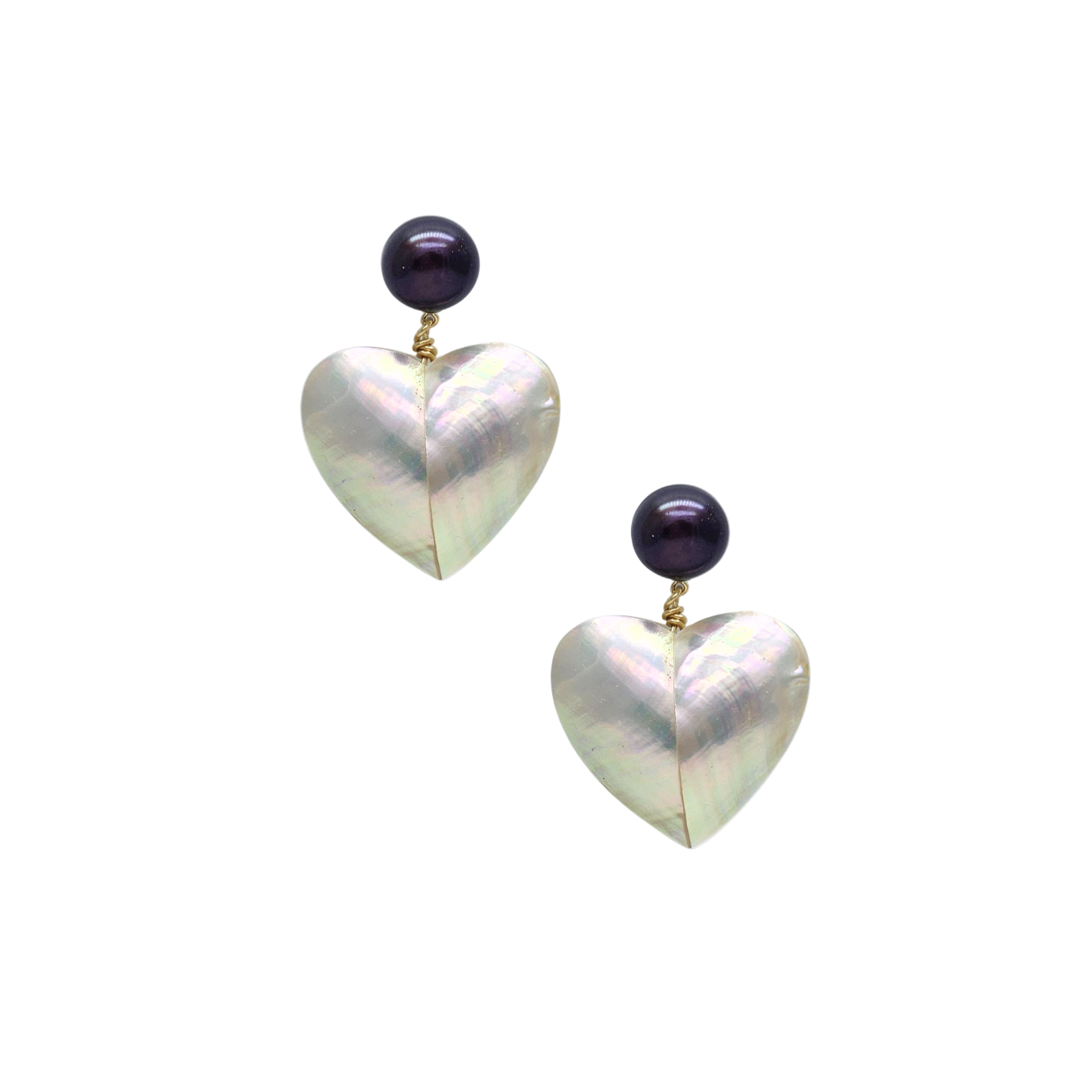 Heart-shaped earrings with purple beads on a white background