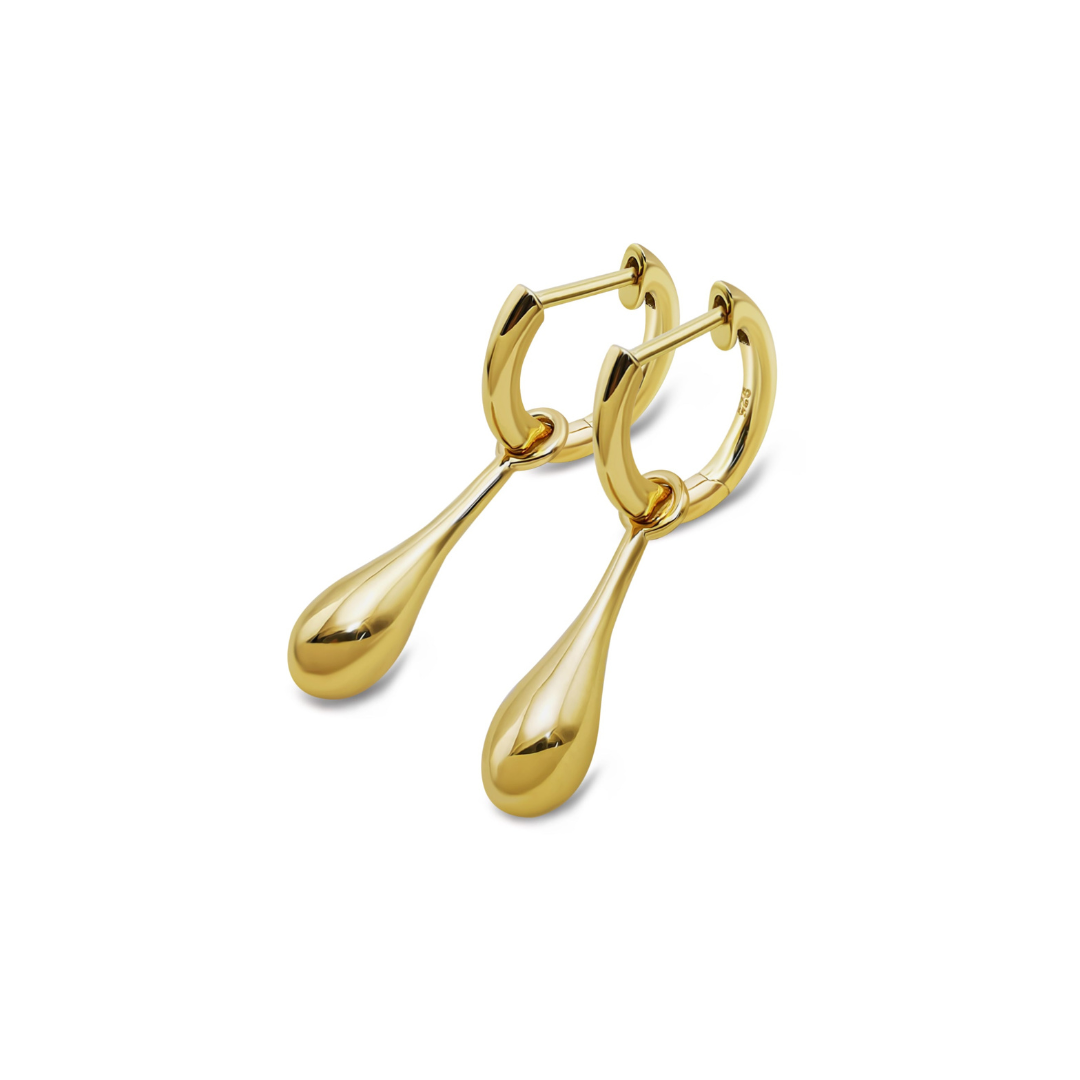Gold hoop earrings with teardrop design on a white background