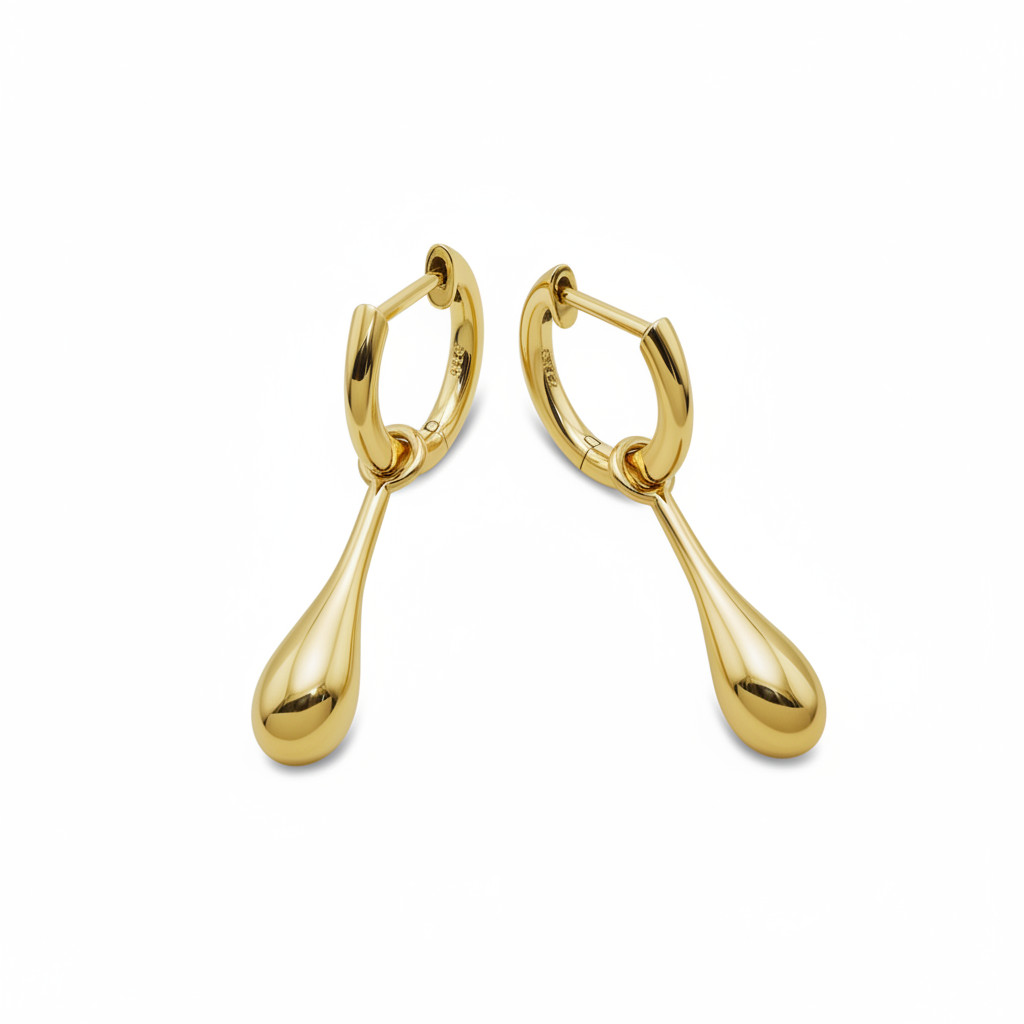 Gold hoop earrings with teardrop-shaped drops on a white background