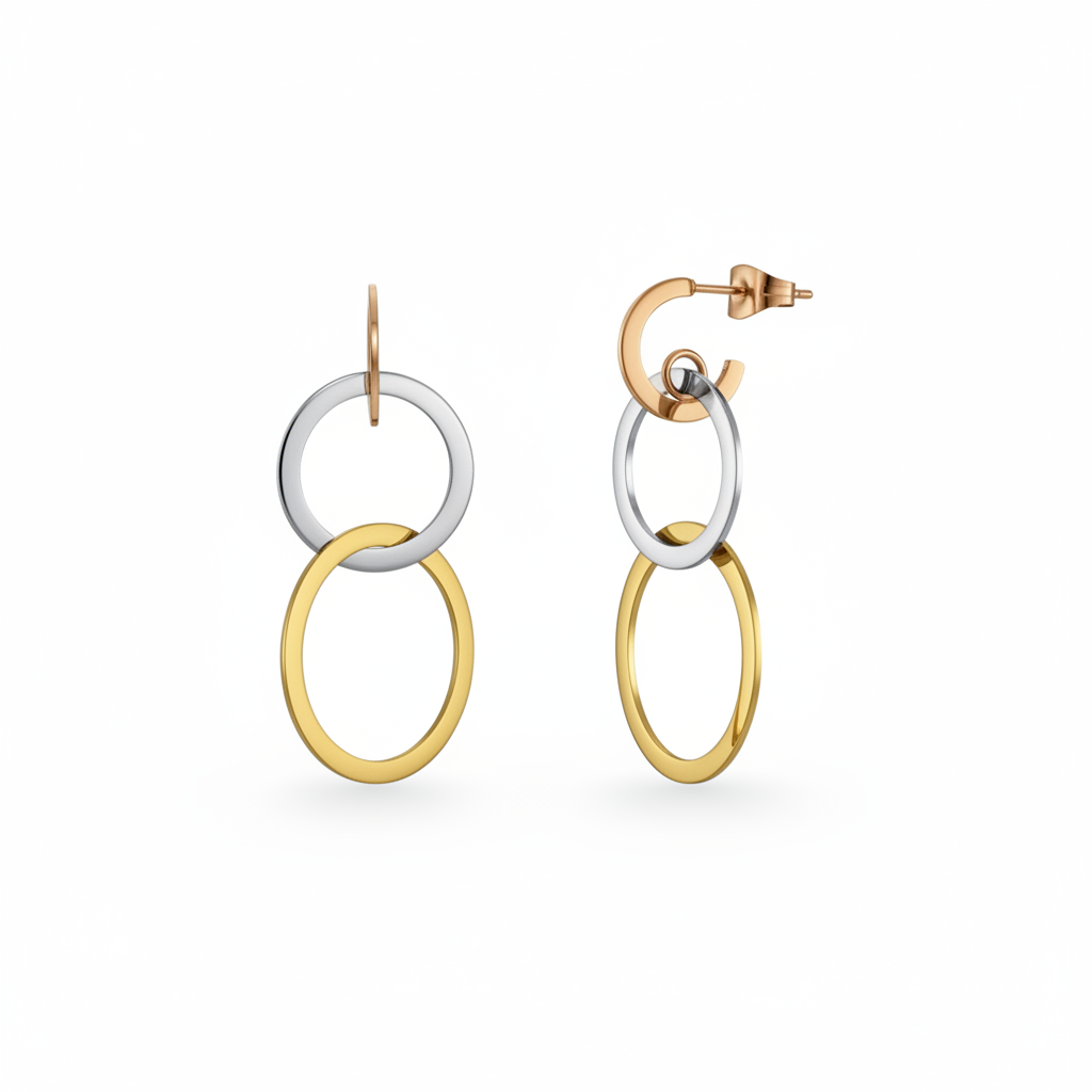 Pair of hoop earrings with gold and silver rings on a white background