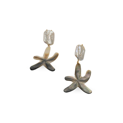 Starfish-shaped earrings with pearl-like tops on a white background