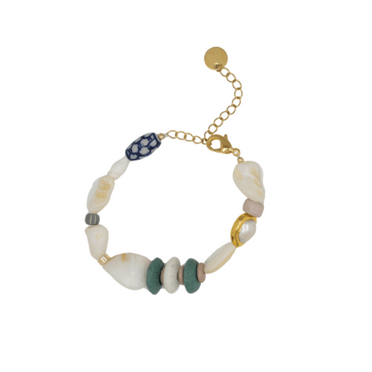Bracelet with natural stone beads and gold chain on a white background