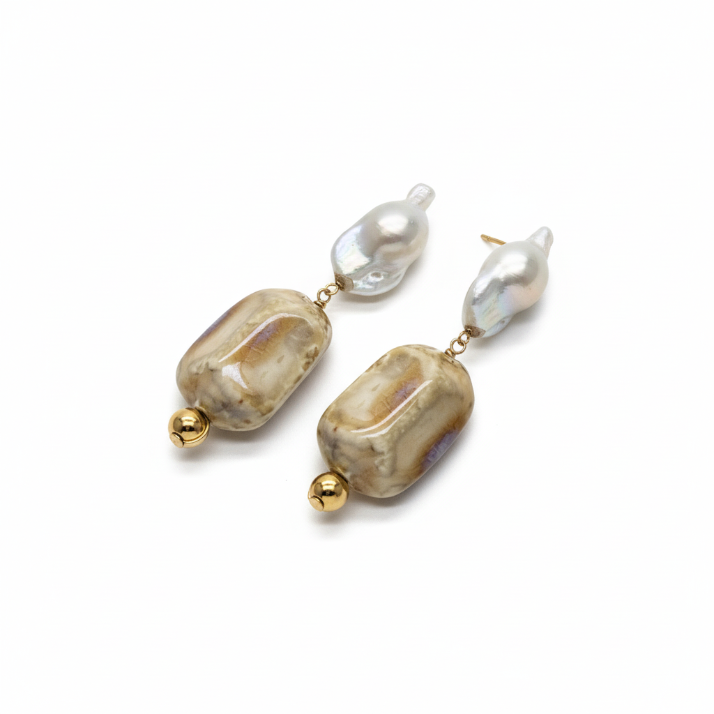 Pair of earrings with large beads on a white background