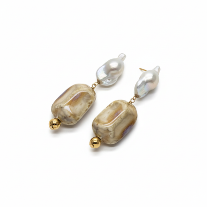 Pair of earrings with large beads on a white background