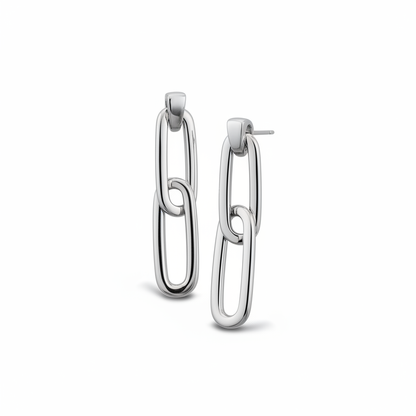 Pair of silver hoop earrings on a white background