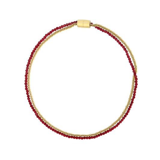 Necklace with red beads and gold clasp on a white background