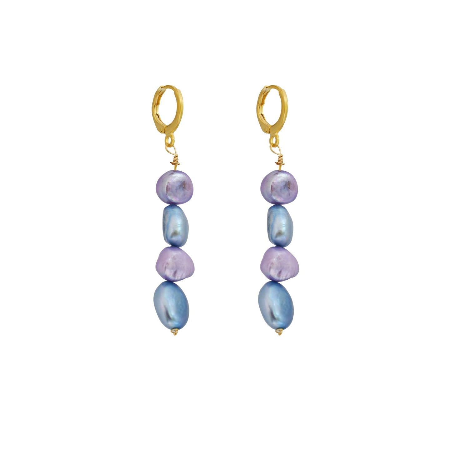 Pair of earrings with purple and blue beads on a white background