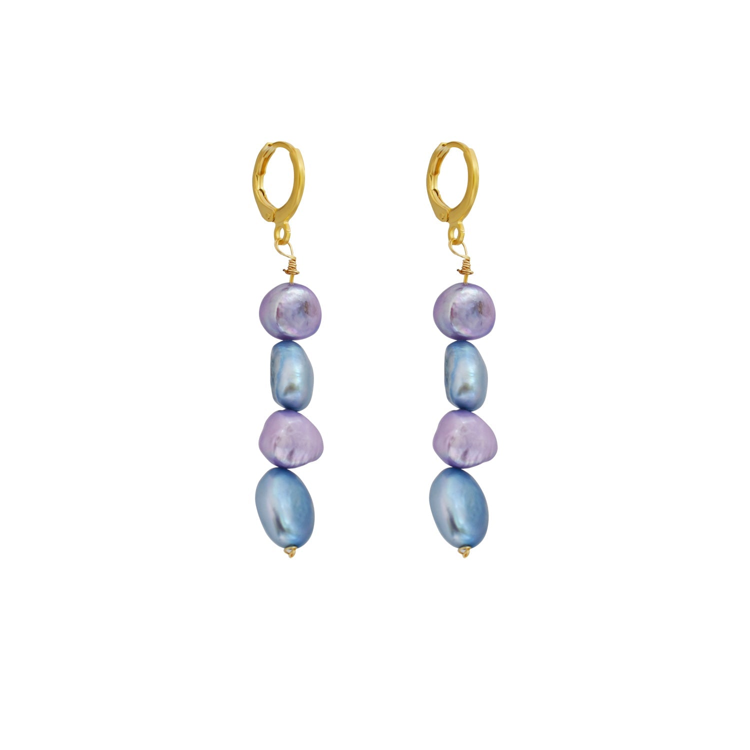 Pair of earrings with purple and blue beads on a white background