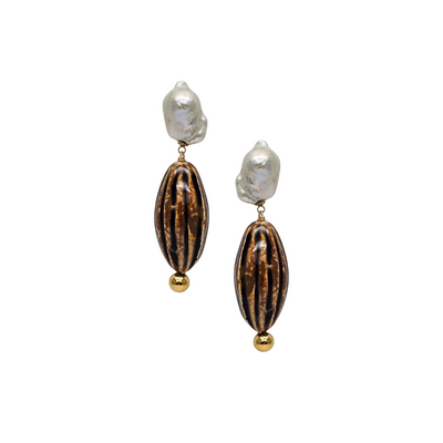 Pair of earrings with brown oval beads and gold accents on a white background
