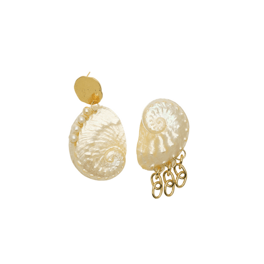 Pair of pearl earrings with gold accents on a white background