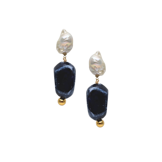 Pair of earrings with dark blue beads and gold accents on a white background