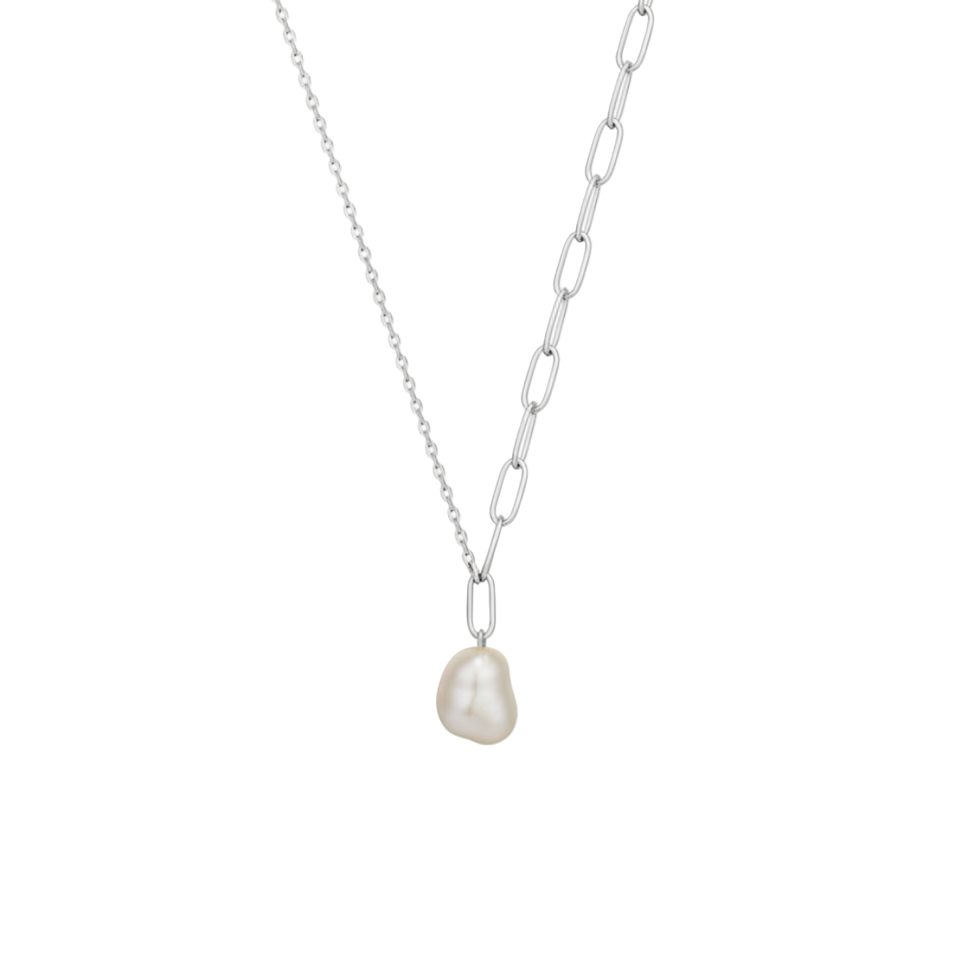 Pearl necklace with a silver chain on a white background