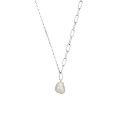 Pearl necklace with a silver chain on a white background