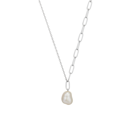 Pearl necklace with a silver chain on a white background