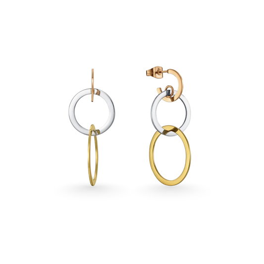 Pair of hoop earrings with gold and silver finish on a white background